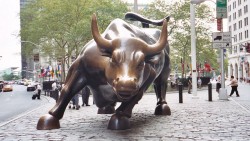 Статуя быка перед зданием Нью-Йоркской фондовой биржи на Уолл-Стрит, 11 в Нью-Йорке